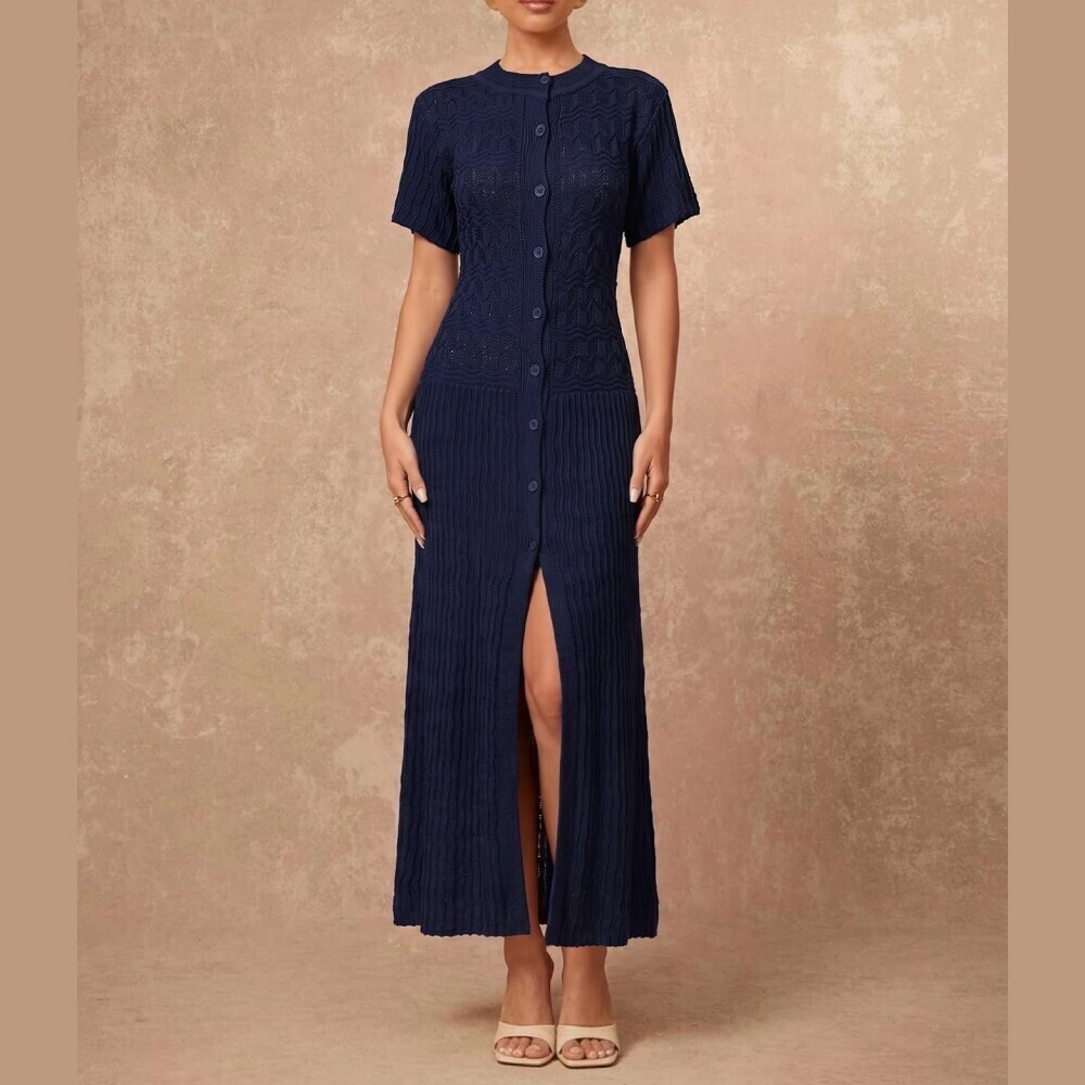 Navy Blue Ribed Knit Button Front Slim Fit Maxi Short Sleeve Sweater Dress